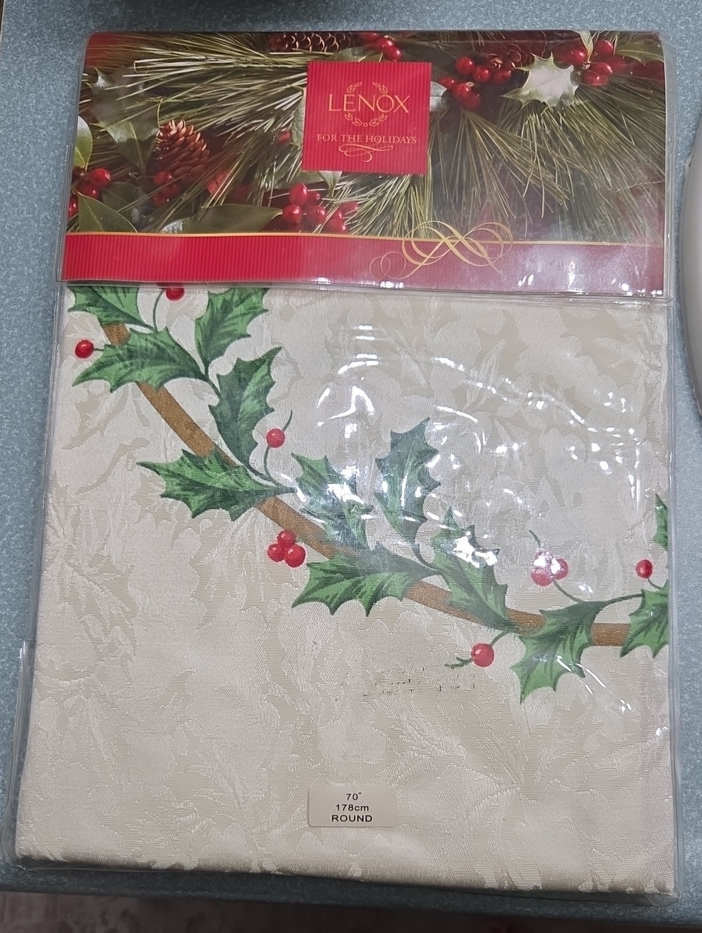 Lenox Holiday Holly Ivory Tablecloth with Red Berries and Green Leaves